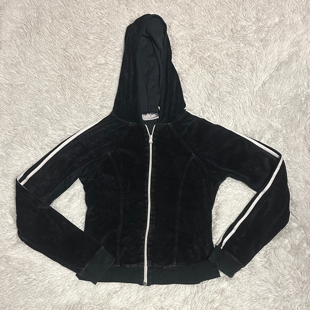 Y2K Rave Velour Black Hooded Jacket with White Stripes